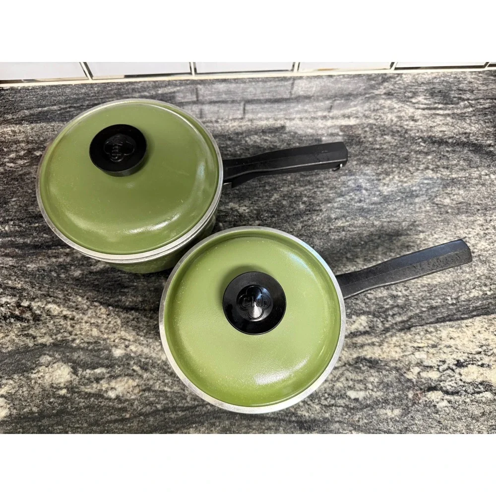 Vintage Club Aluminum Avocado Green Saucepan Set with Lids 2 Piece Retro MCM